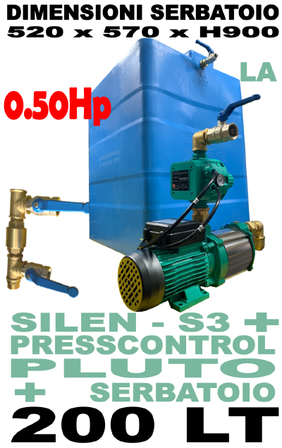Kit autoclave silenzioso per casa fino a due piani (max 3 appartamenti) completo di elettropompa SILEN-S3 - polmone raccordi e presscontrol pre-regolato PLUTO 15 - serbatoio salvaspazio da 200 litri LINEARE ALTO - 0,50Hp